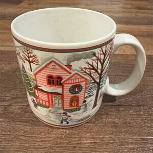 Vintage Russ Berrie Christmas Mug Americana Holiday Village Scene Ceramic READ
